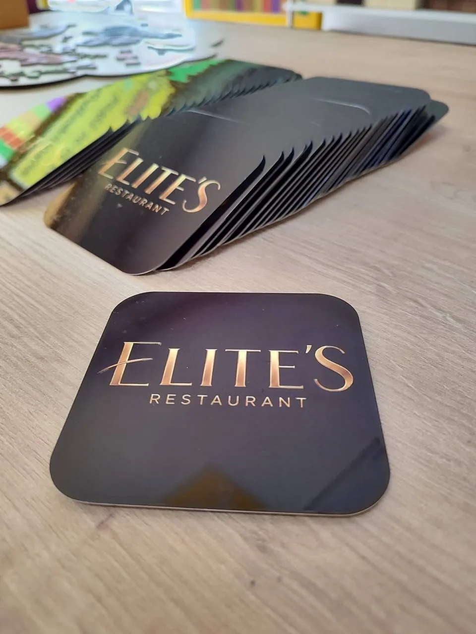 Printed products featuring the Elite’s Restaurant logo